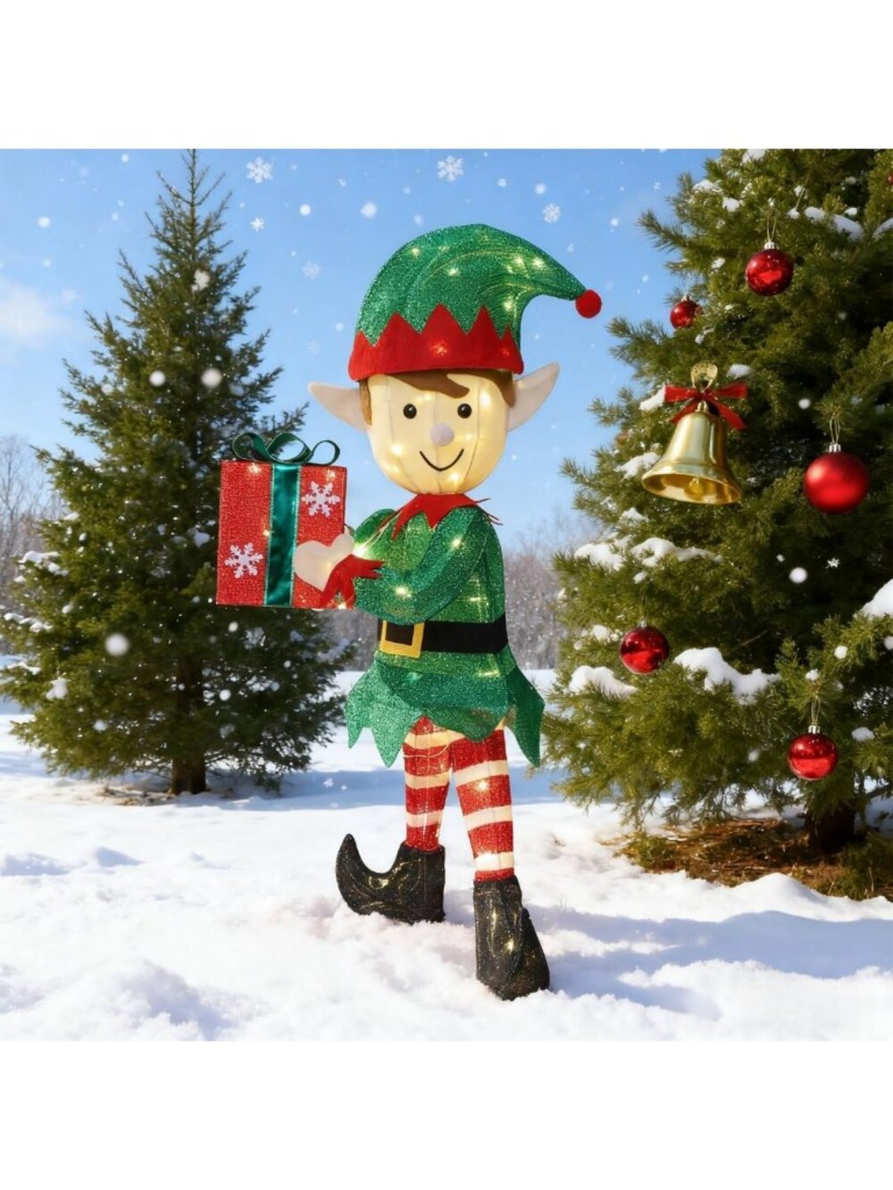 38" Pre-Lit 3D Tinsel Green Elf Figure - Lighted Outdoor Christmas Decor for